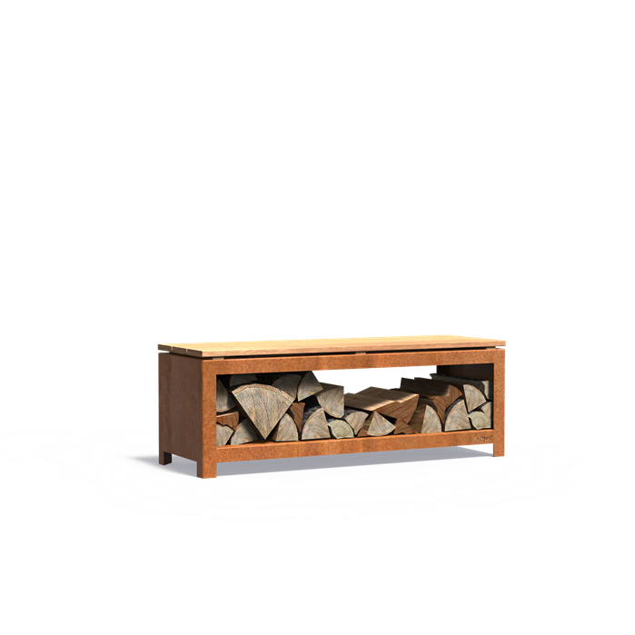 Benk med vedoppbevaring